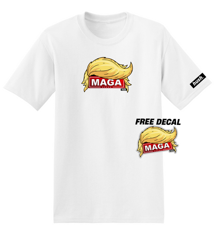 HUSH.  MAGA Trump Hair Collab Hush Box Logo Sleeve T-Shirt