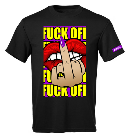 HUSH. Socially Improper Middle Finger Lips Oversized Graphic Front T-Shirt.